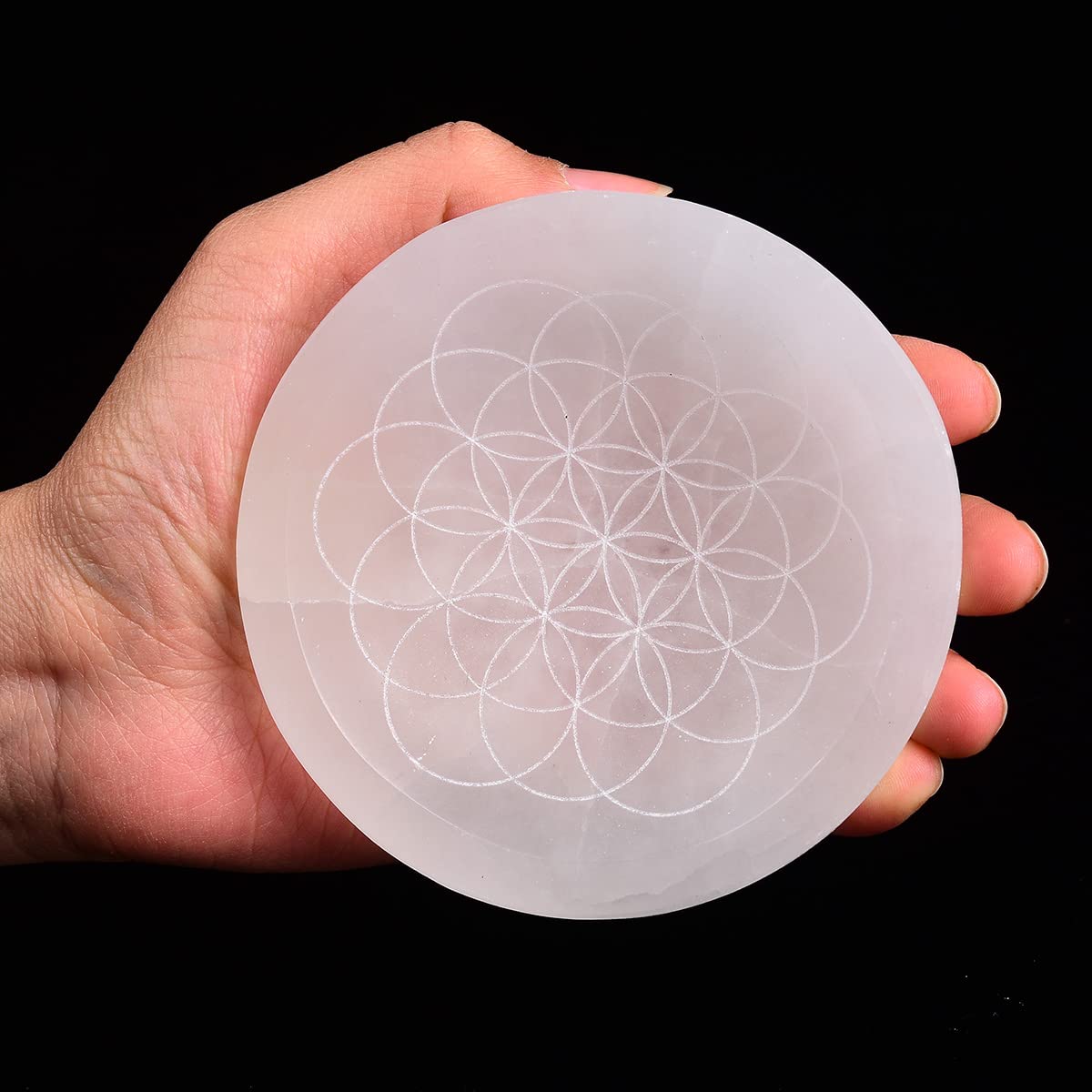JIC Gem Etched Selenite Bowl Moroccan Selenite Crystal Stone Bowl Healing Crystals Charging Plate Round Engraved Crystal Matrix 3.5-4 inch