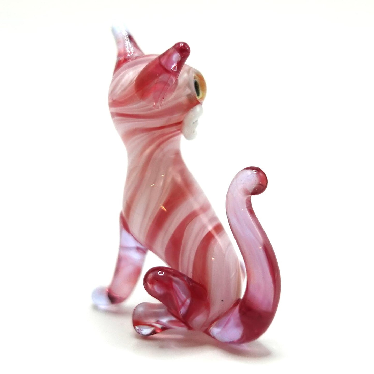 Sansukjai Tiny Cat Miniature Glass Figurine – Handmade Blown Glass Animal – Cute Collectible Cat Sculpture – Fairy Garden Pet Décor Gift (Pink)
