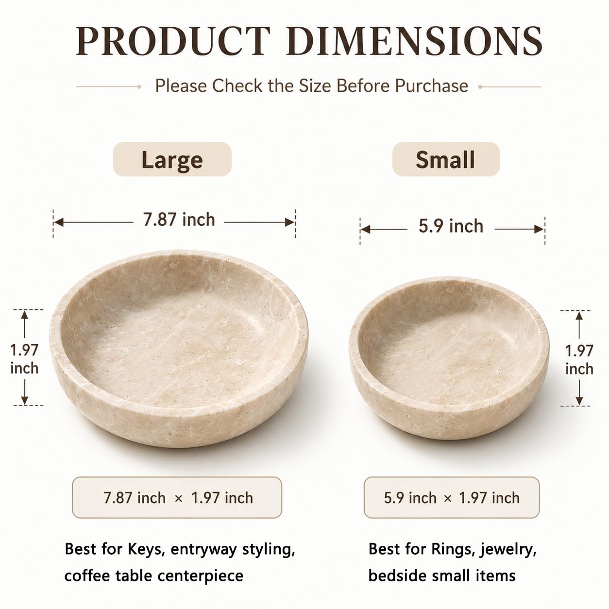 SIRIZEN-DIVING Large Travertine Decorative Bowl, 7.87-Inch Natural Stone Key Bowl and Catchall Bowl for Entryway Table, Coffee Table Centerpiece, Console Table and Living Room Decor