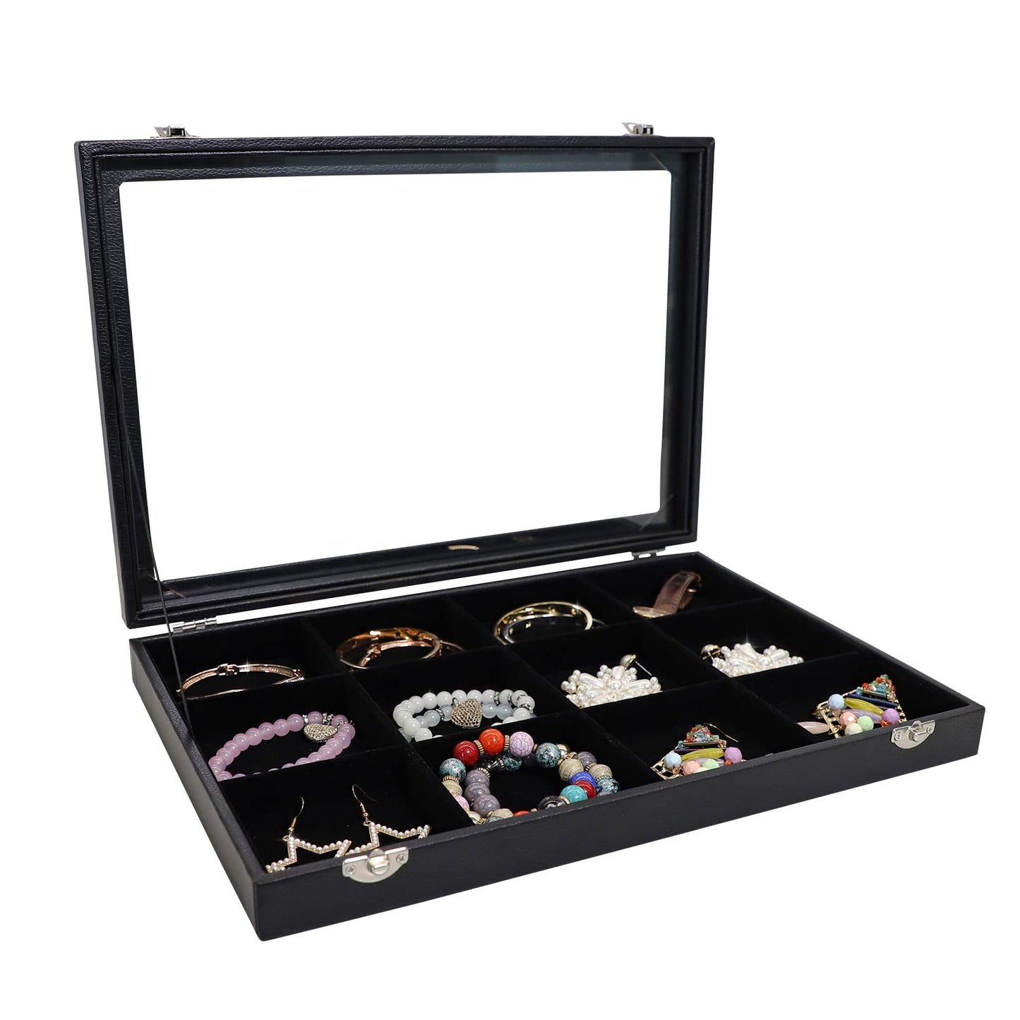 Wudygirl Jewelry Tray 12 Grid Jewelry Organizer with Clear Lid Bracelet Holder Organizer Display Case Removable, Black Velvet (12 Grid)