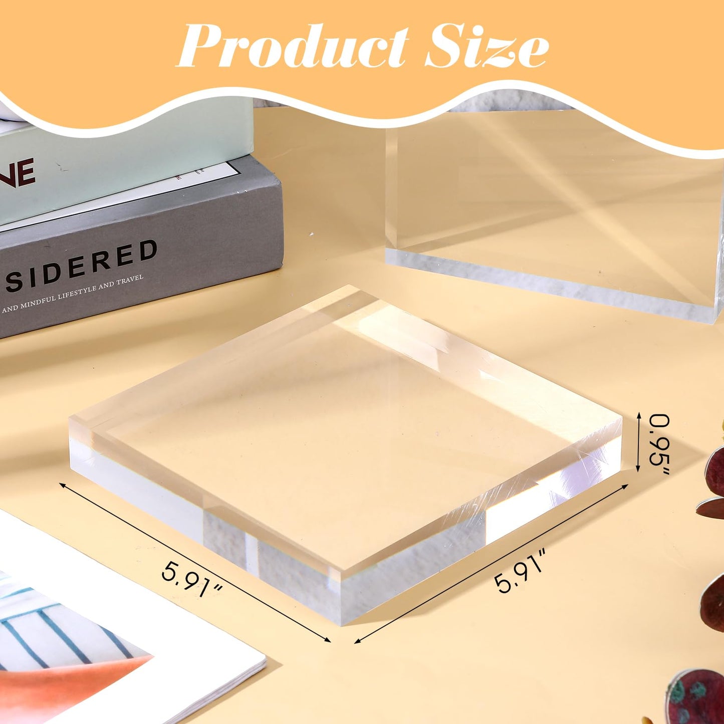 Kegeeei 2 Pack 6 x 6 x 1 Inch Clear Acrylic Display Blocks | Polished Square Cube Riser Stand for Jewelry, Collectibles, Trophy, and Cake Decor