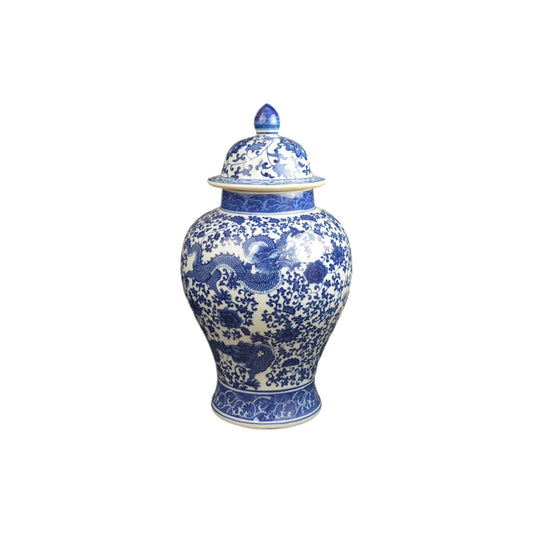 20" Classic Blue and White Floral Porcelain Ceramic Temple Ginger Jar Vase, Large China Qing Style (Dragon1)