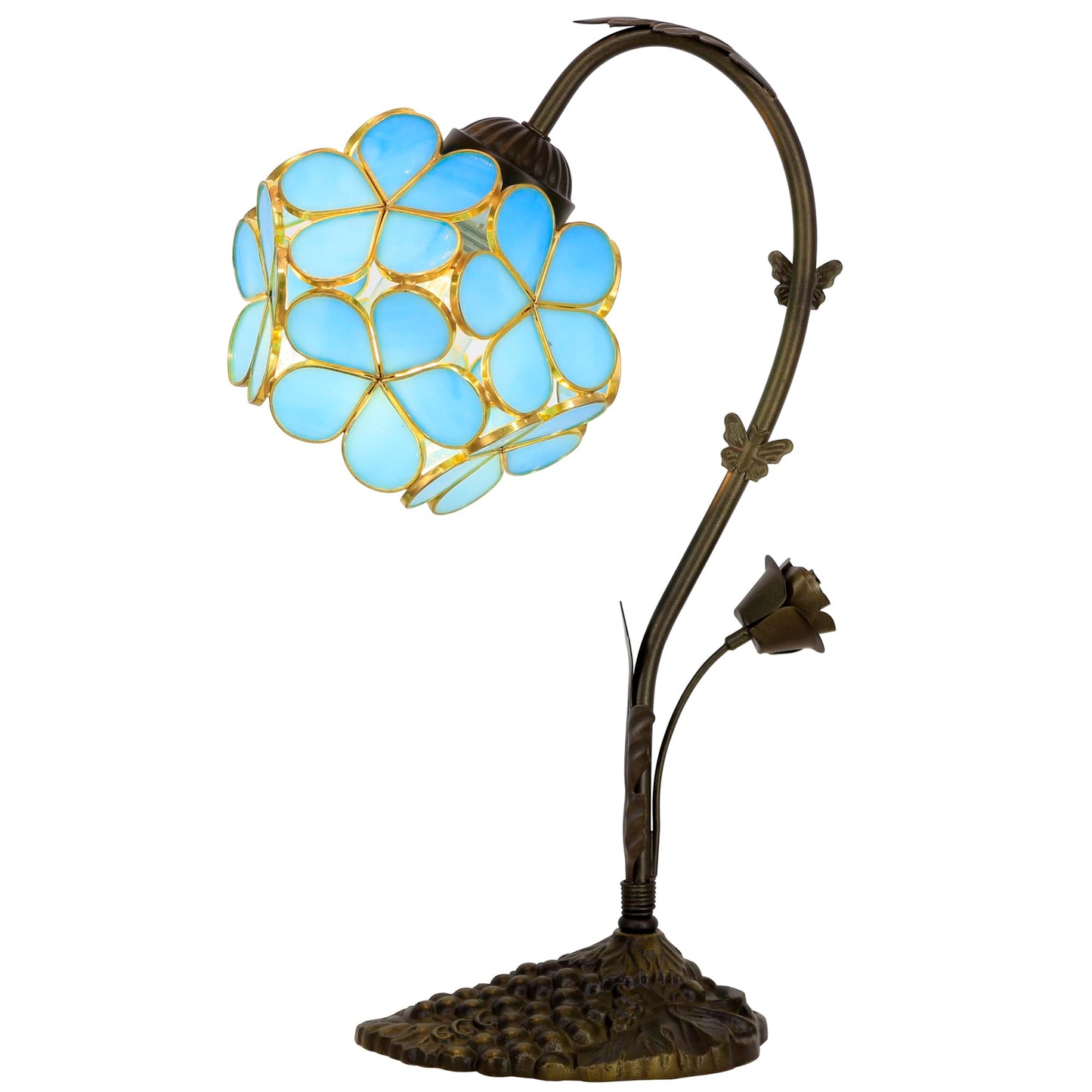 L-Juicwe Tiffany Stained Glass Table Lamp Blue Flower Petal Style 10×6×16 Inches Bedroom Office Reading Light