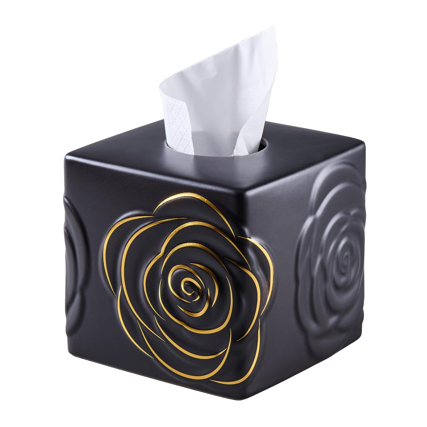 Black Ceramic Cube Tissue Box Cover with Gold Rose – Large Elegant Rose Floral Square Decorative Tissue Box Holder for Bathroom, Bedroom, Office Desk, Kitchen Counter – Perfect Housewarming Gift