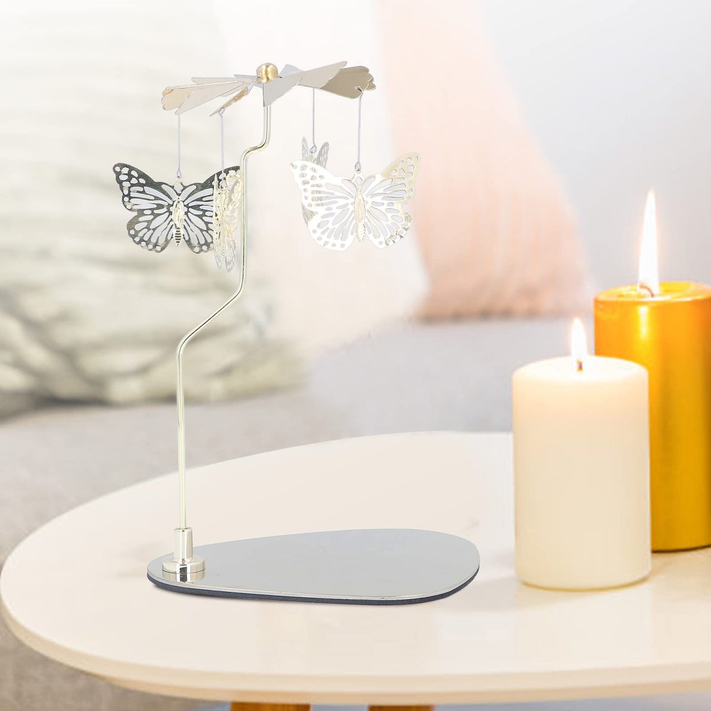 Estink Rotary Candle Holder, Round Triangle Tray Romantic European Stainless Steel Rotating Aromatherapy Wind Chime Candle Holder for Home Party Decoration Photo (