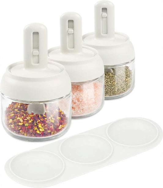 Povinmos® 3 Piece Glass Salt Container | Storage | Pepper,Table Salt, Sugar,Gourmet Salts,Spice |Chili Herbs |10 oz |Glass Salt Container with Lid and Retractable Spoon