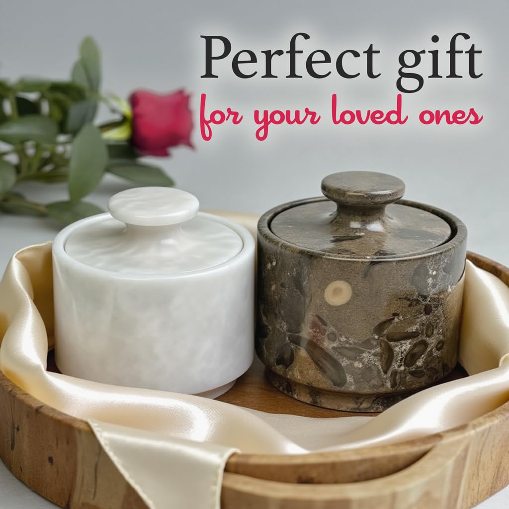 Handcrafted Marble Salt Cellar Set of 2 with Lids | Natural Stone Bowls for Sea Salt, Spices & Herbs | Elegant Kitchen & Dining Room Decor | Multipurpose Pinch Pot with Felt Base (White & Oceanic)