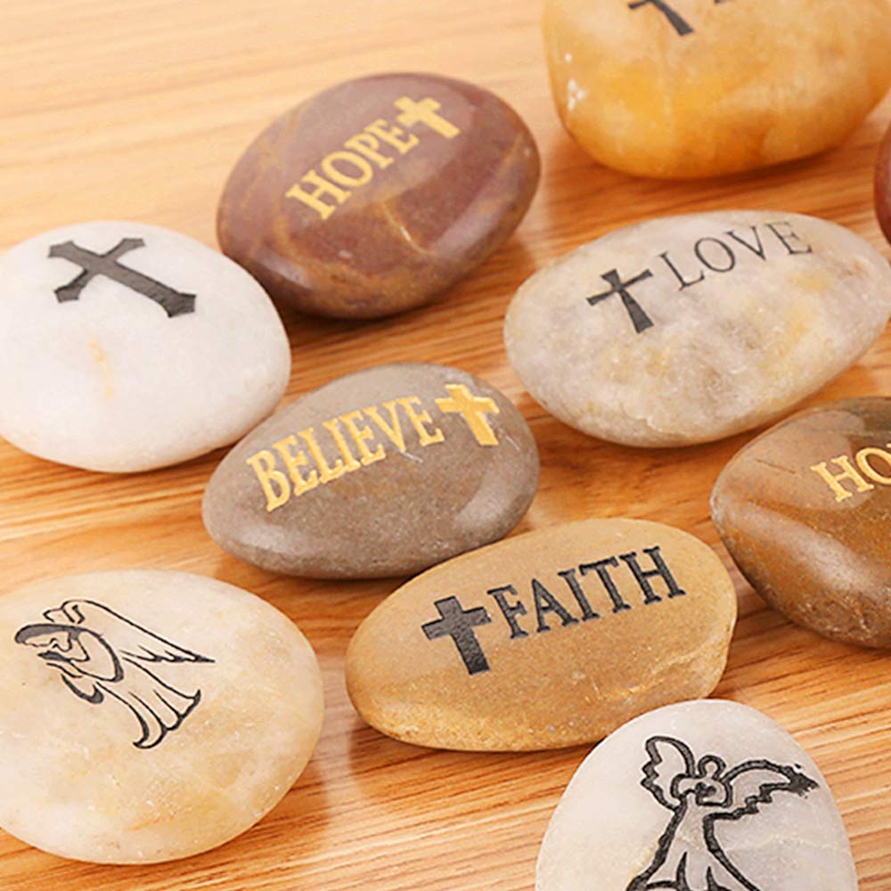 12PCS RockIpact Engraved Guardian Angel Stones Hope Love Faith Believe Inspiration Worry Healing Stones Novelty Serenity Prayer Rock, Pocket Sized Shiny Pebbles (Set of 12, Bulk Lot)