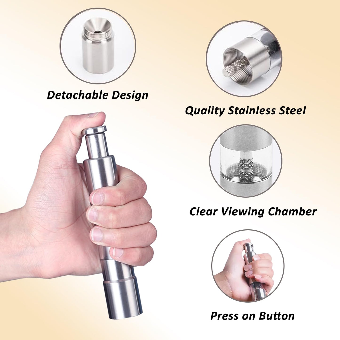 Stainless Steel Salt and Pepper Grinder Set, Manual Refillable Peppercorn Mills with Push Button, Thumb Grinder, Sliver White