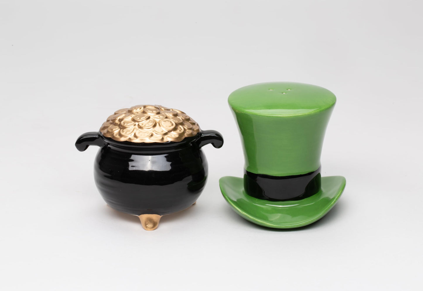 Fine Ceramic St Patrick's Irish Top Hat & Pot of Gold Salt & Pepper Shakers, 4-3/4" H