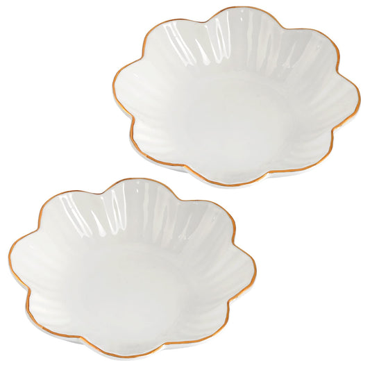 VanEnjoy 2 Pcs 6 Inch Ceramic Candy Dish - White Decorative Bowl With Golden Flower Rim for Office, Wedding, Party, Home - Porcelain Serving Bowl for Snacks, Fruit