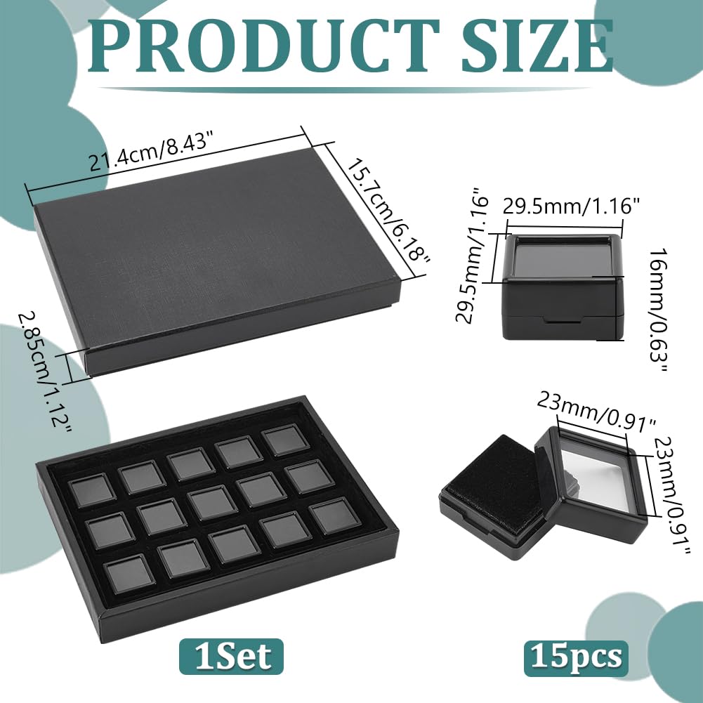 PH PandaHall Gemstone Display Boxes, Black Plastic Gem Box Loose Diamond Conrainers Jewelry Holder with 1.16" 15pcs Small Black Square Storage Box with Sponge for Small Item, Gems, Diamonds