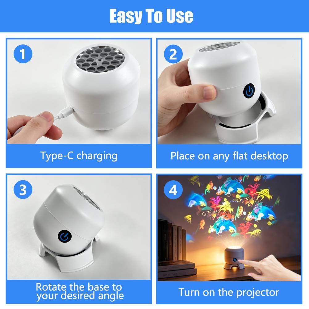 Abnaok Dynamic Rotating LED Projector Light, Projector Lamp for Kids, Ocean World Projection Lamp, Adjustable Brightness, 360° Rotating Unique Base Design, for Meditation, Bedroom, Home Theater