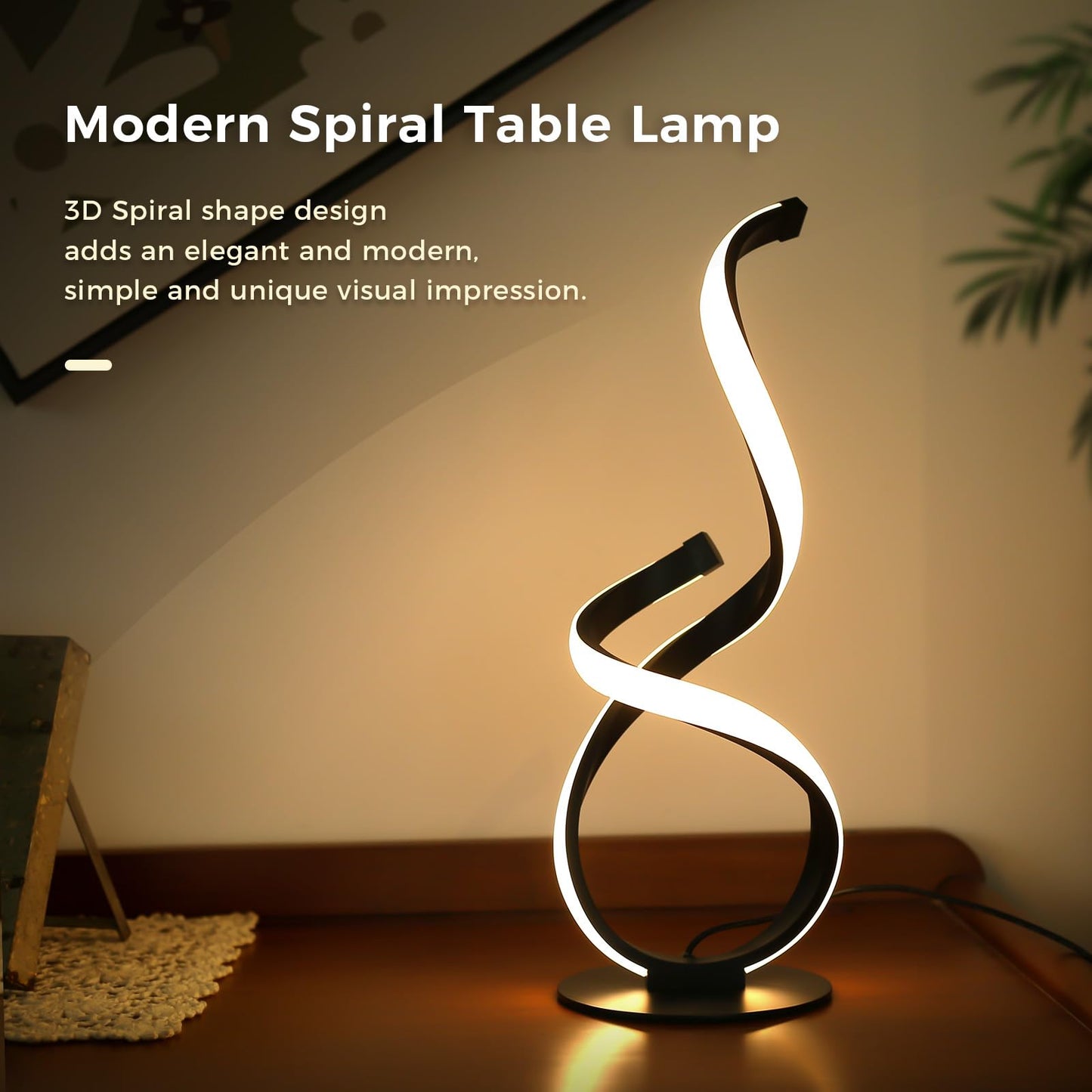 JIOODICH. Modern Touch Lamp for Nightstand, Spiral LED Table Lamp, Dimmable 3 Color Temperature Night Stand Desk Lamp, Unique Bedside Light for Living Room, Bedroom, Cool Lamps for Ideal Gift, Black