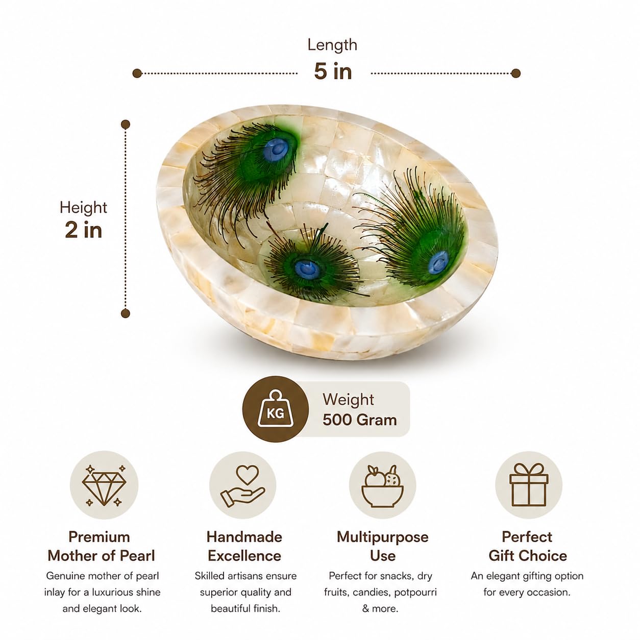 HANDTECHINDIA 5" Mother of Pearl Bowl - Multipurpose Home Decor, Snacks & Fruit Bowl, Office & Home Decorative Centerpiece (Peacock Design)