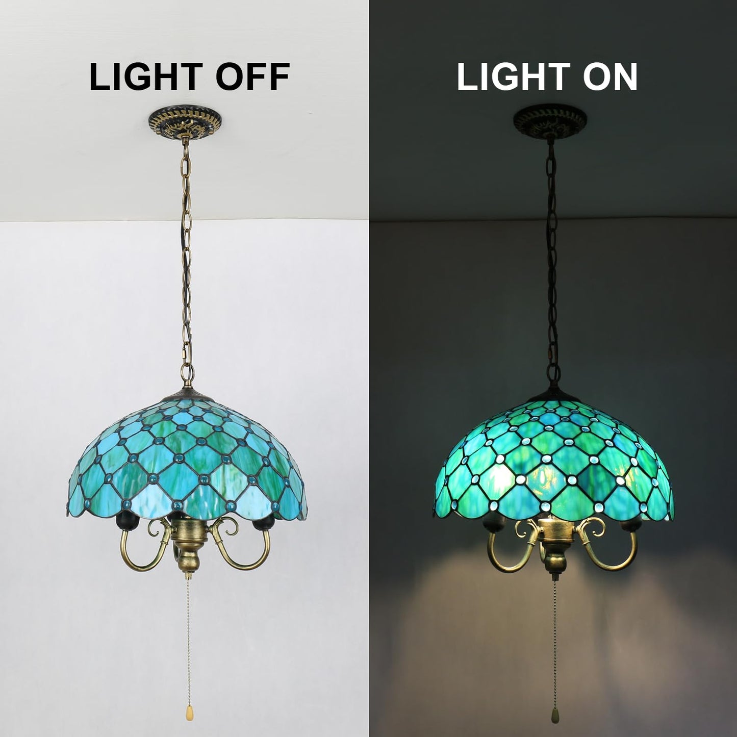 TFNTCYG Tiffany Pendant Light, Sea Blue Pearl Style Stained Glass Lamp, 16'' Wide 3-Light Inverted Ceiling Pendant Lights for Living Dining Room Kitchen Bedroom Entryway