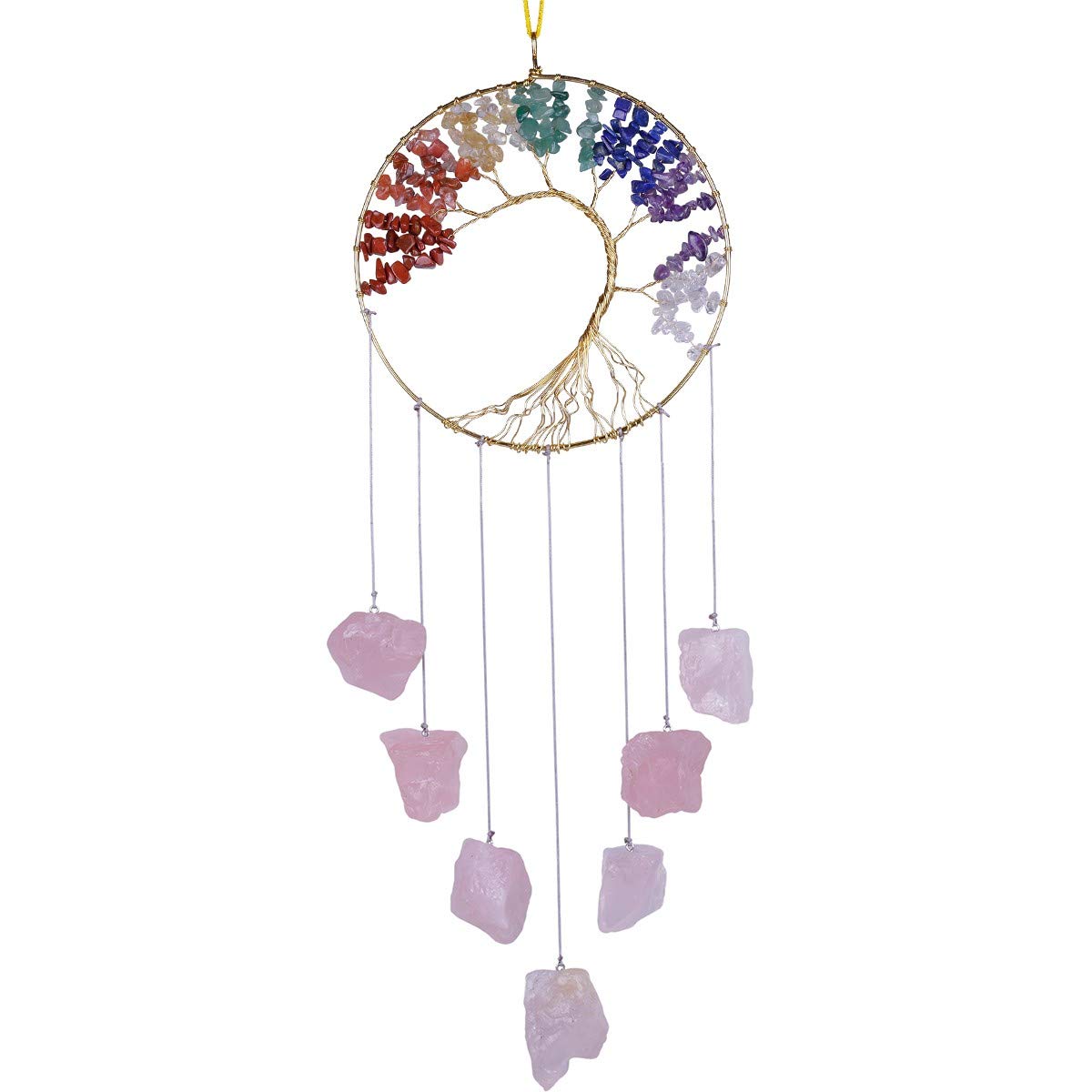 Nupuyai Tree of Life Raw Stone Wind Chimes for Indoor Outdoor, Handmade 7 Chakra Crystal Wall Hanging Ornament for Home Window Decoration 22-26 Inches, Rose Quartz