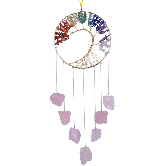 Nupuyai Tree of Life Raw Stone Wind Chimes for Indoor Outdoor, Handmade 7 Chakra Crystal Wall Hanging Ornament for Home Window Decoration 22-26 Inches, Rose Quartz