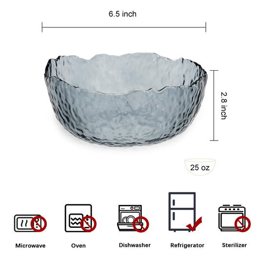 TOSSOW Glass Salad Bowl Irregular Shape Serving Bowls, 25 oz Pyrex Mixing Bowls for Kitchen Prep, Fruit, Snack, Dessert, and Candy Dishes or Nut Bowls(Grey)
