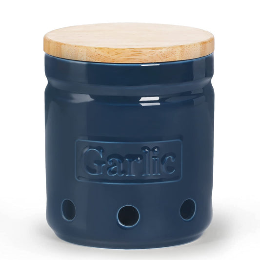 ONTUBE Garlic Keeper with Wooden Lid, 4.5-Inch Ceramic Garlic Holder 24oz (Navy)