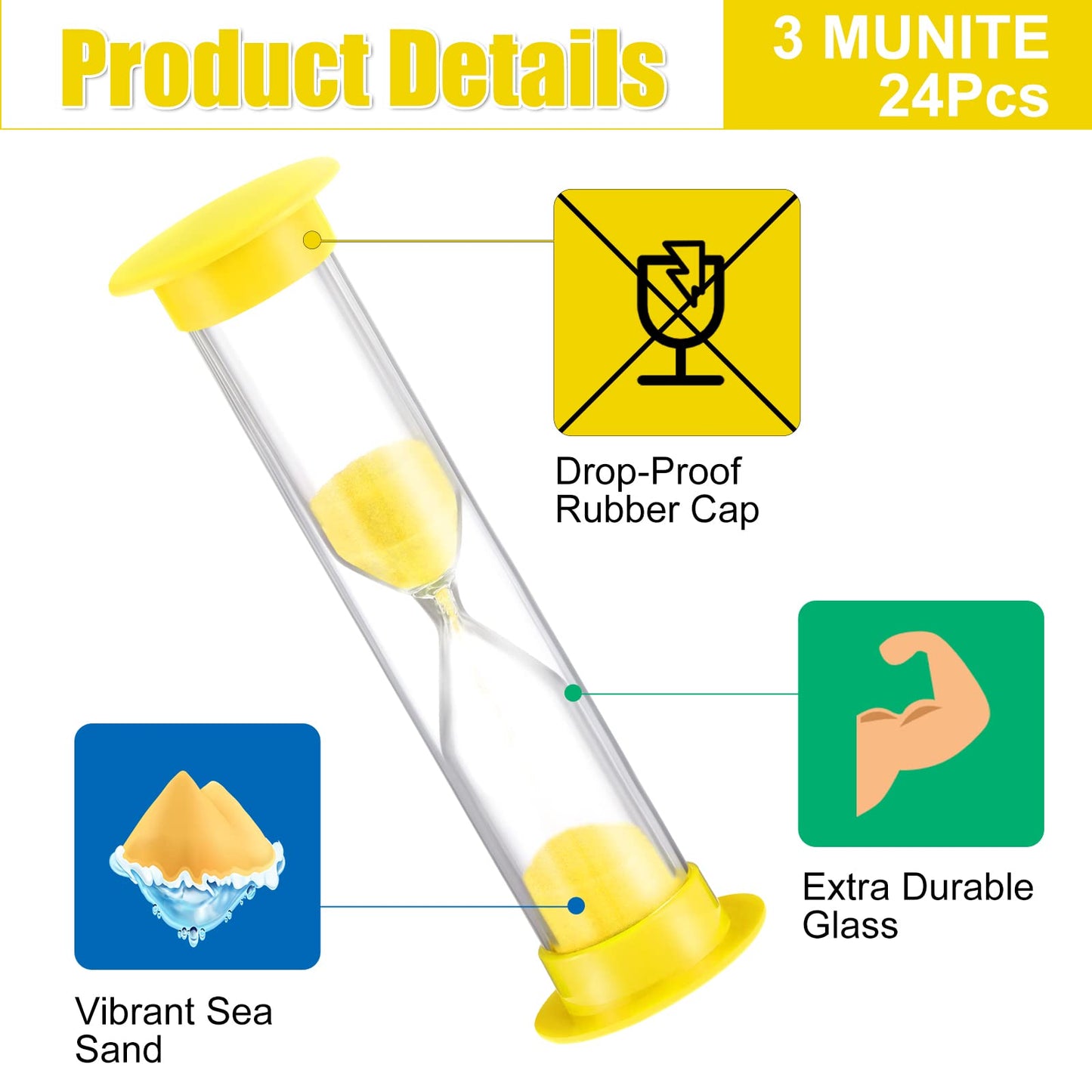 Geelin 24 Pcs 3 Minutes Sand Timer Kids 3 Mins Timer for Classroom Acrylic Covered Hourglass Clock Toothbrush Sand Timing Device for School