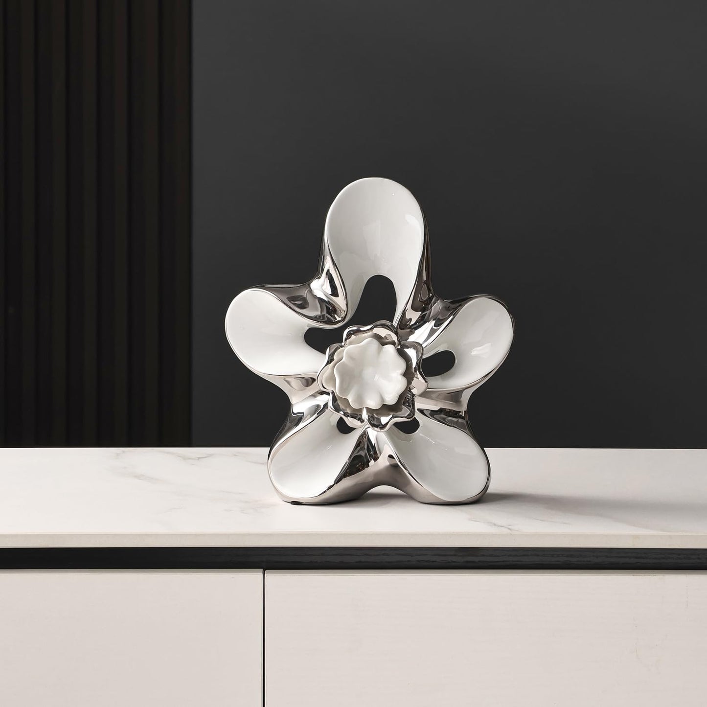 Dneuoir Ceramic Statue Home Decor Aesthetic Abstract Flower Sculpture Modern Decorative Statues for Living Room Bedroom Bookshelf Desktop Dinging Table Centerpiece Office(White and Silver)