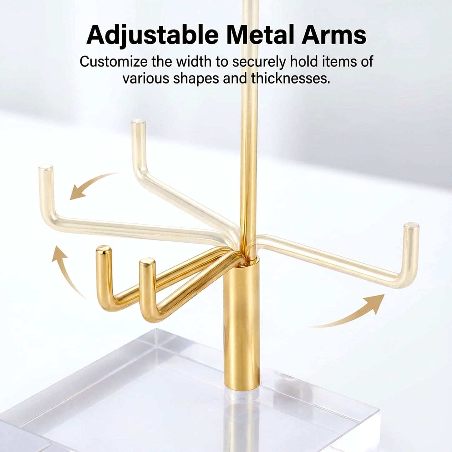 Oqqlin 8 Pcs Adjustable Metal Arm Display Stand, 2 x 2 x 3.5 Inch Gold Small Crystal Display Easel with Clear Acrylic Base Rock Mineral Stand for Picture, Rock, Geodes, Mineral, Agate