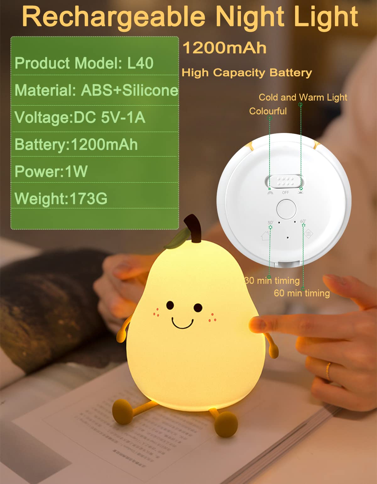HAPPYBAG Cute Silicone Night Light for Kids,Dimmable Nursery Pear Lamps,Kawaii Room Decor Fruit Night Light Bedside Lamp for Baby and Toddler