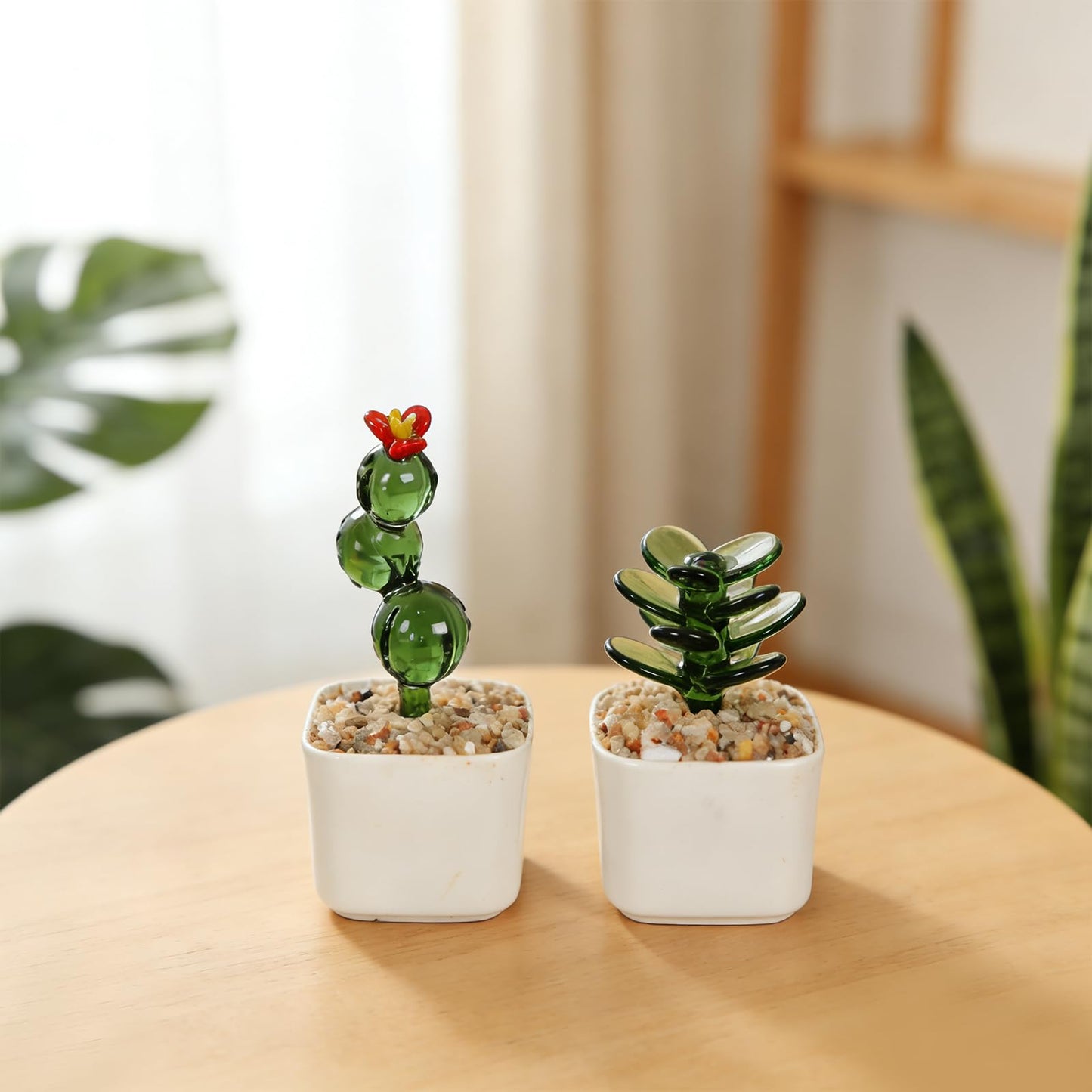 2PCS Decorative Glass Cactus Figurine in White Ceramic Pot, Cactus Desk Accessories, Plant Bonsai Figurine Decoration, Cactus Decor Use for Living Room, Balcony, Desk, Idea Gift for Succulent Lovers