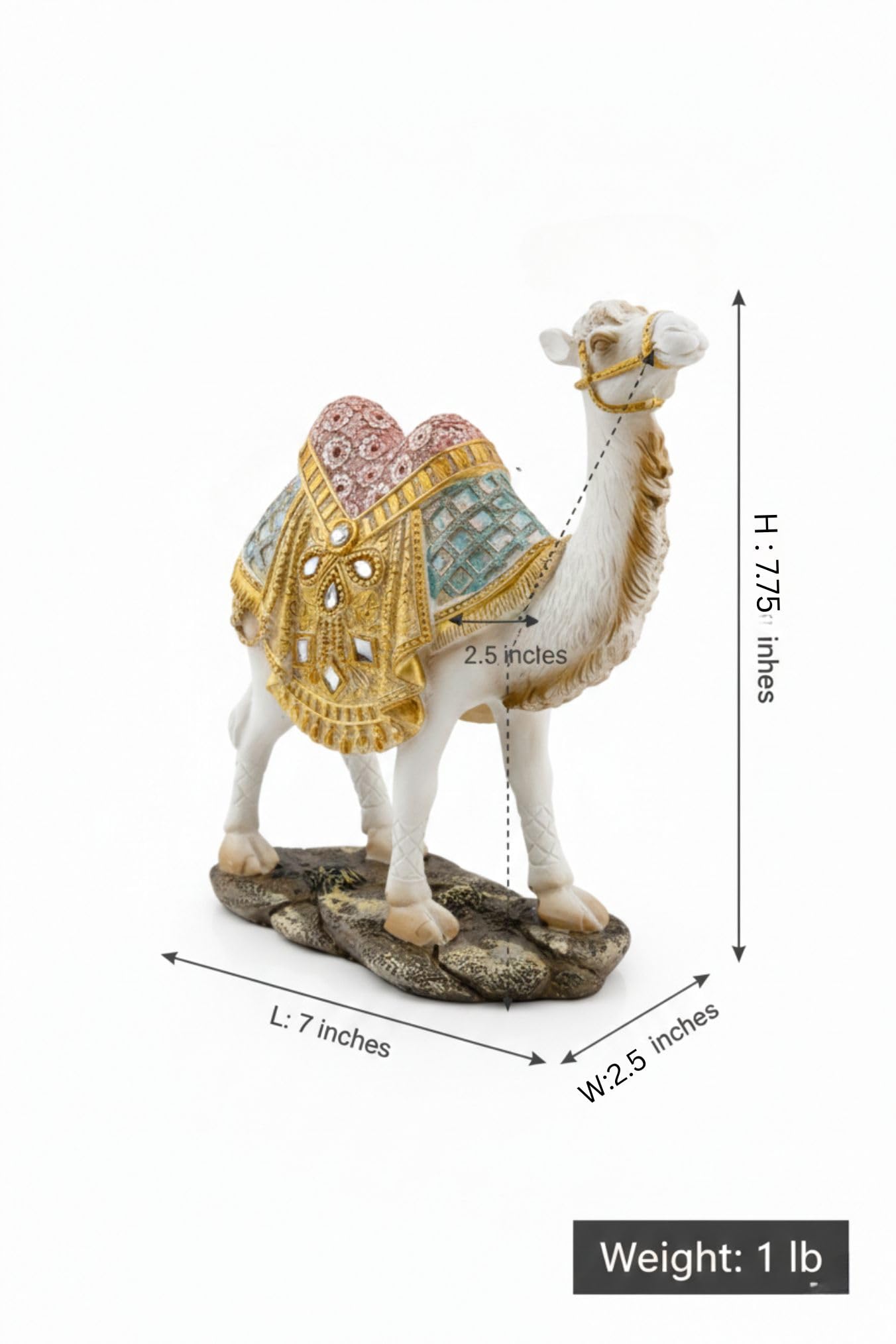 Ornate White Camel Figurine — Decorative Resin Camel Statue with Gold Embellished Saddle & Chain — Luxury Home Décor Accent for Mantel, Shelf, Tabletop (7 × 2.5 × 7.75 in, 1 lb)