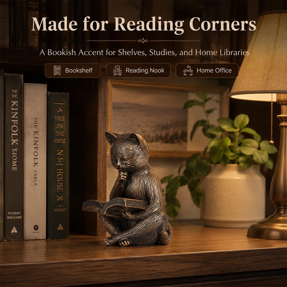 UANYEMON Reading Cat Figurine, 6.4-Inch Bronze-Finish Resin Cat Statue