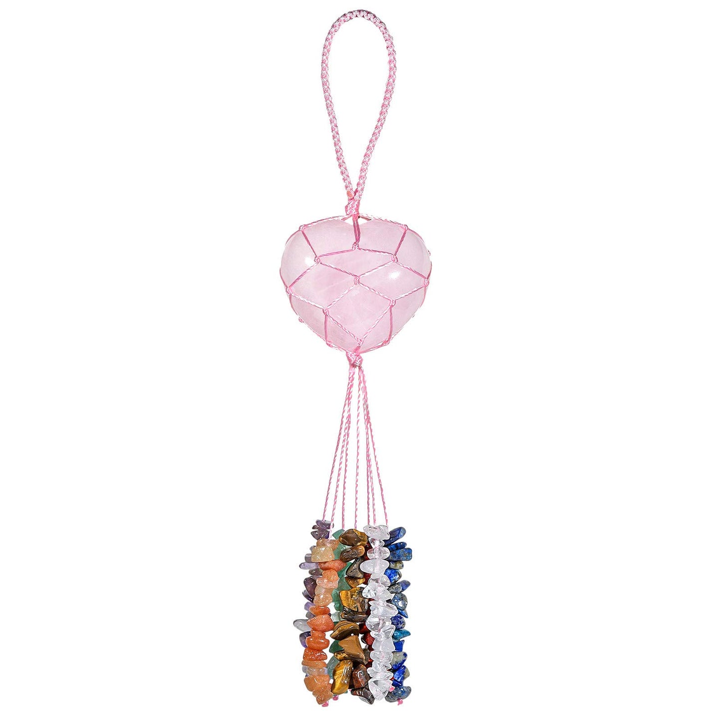 mookaitedecor Rose Quartz Heart Shape Hanging Ornament, 7 Chakra Healing Stones Tumbled Gemstones Crystal Tassels for Car & Home Decoration, Yoga Meditation