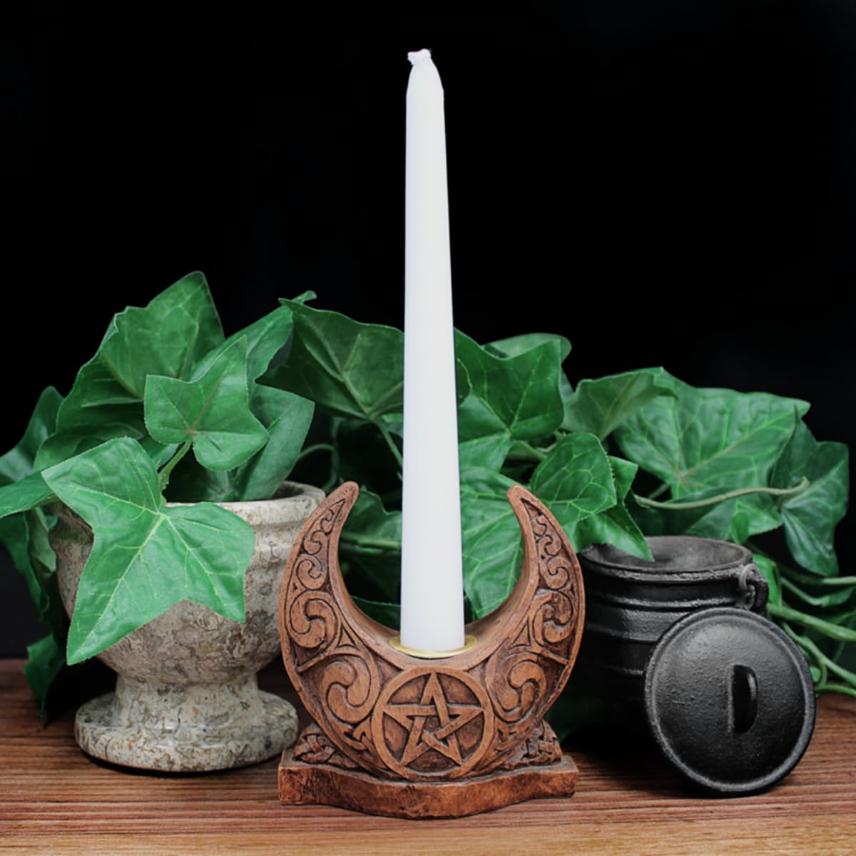 Crescent Moon Candle Holder Pentacle Wiccan Pagan Home Decor - Wood Finish