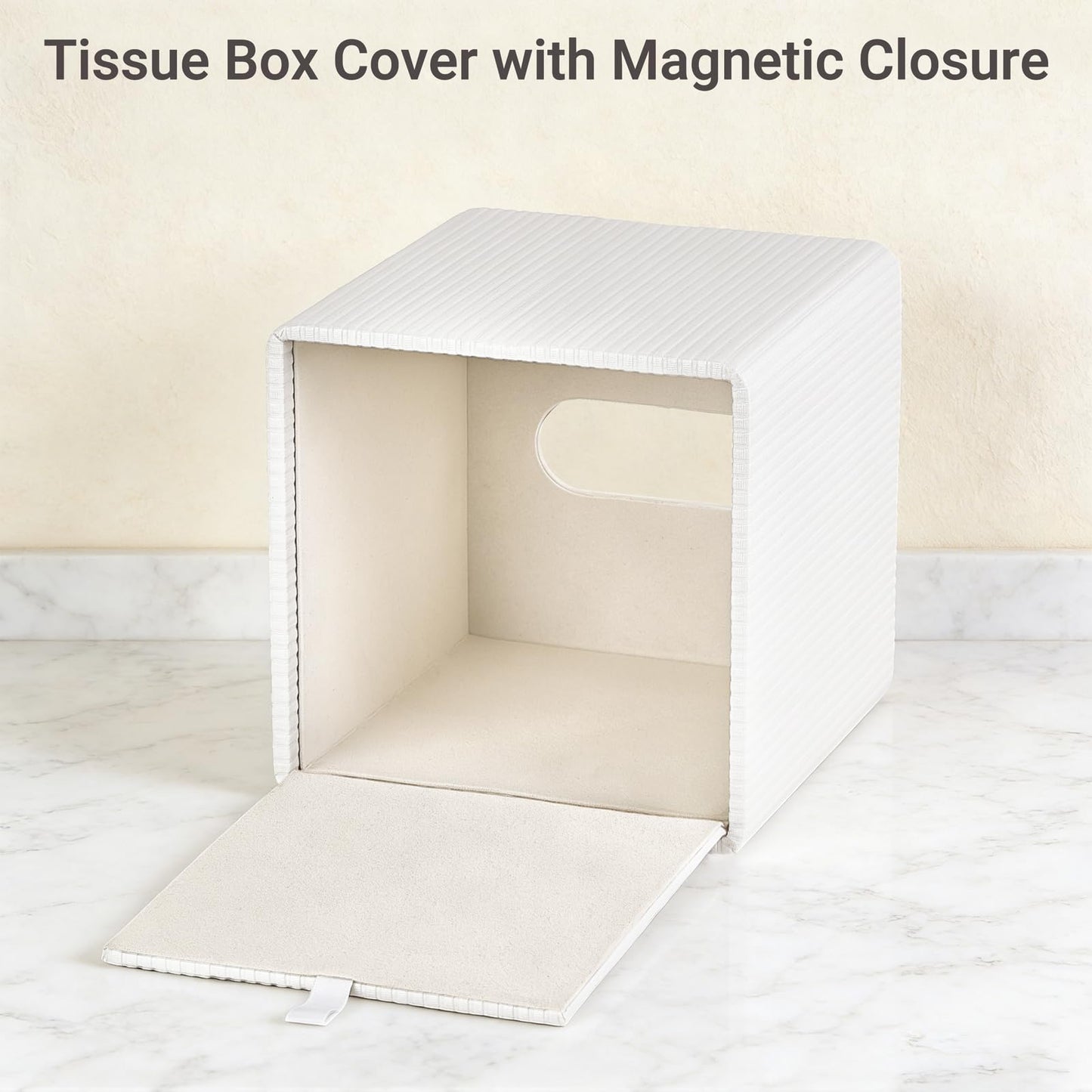 Mkono Tissue Box Cover PU Leather Square Tissue Box Holder with Bottom, Decorative Facial Cube Organizer for Bedroom Bathroom Dresser Vanity Countertop Night Stands Home Office Desk (Ivory)
