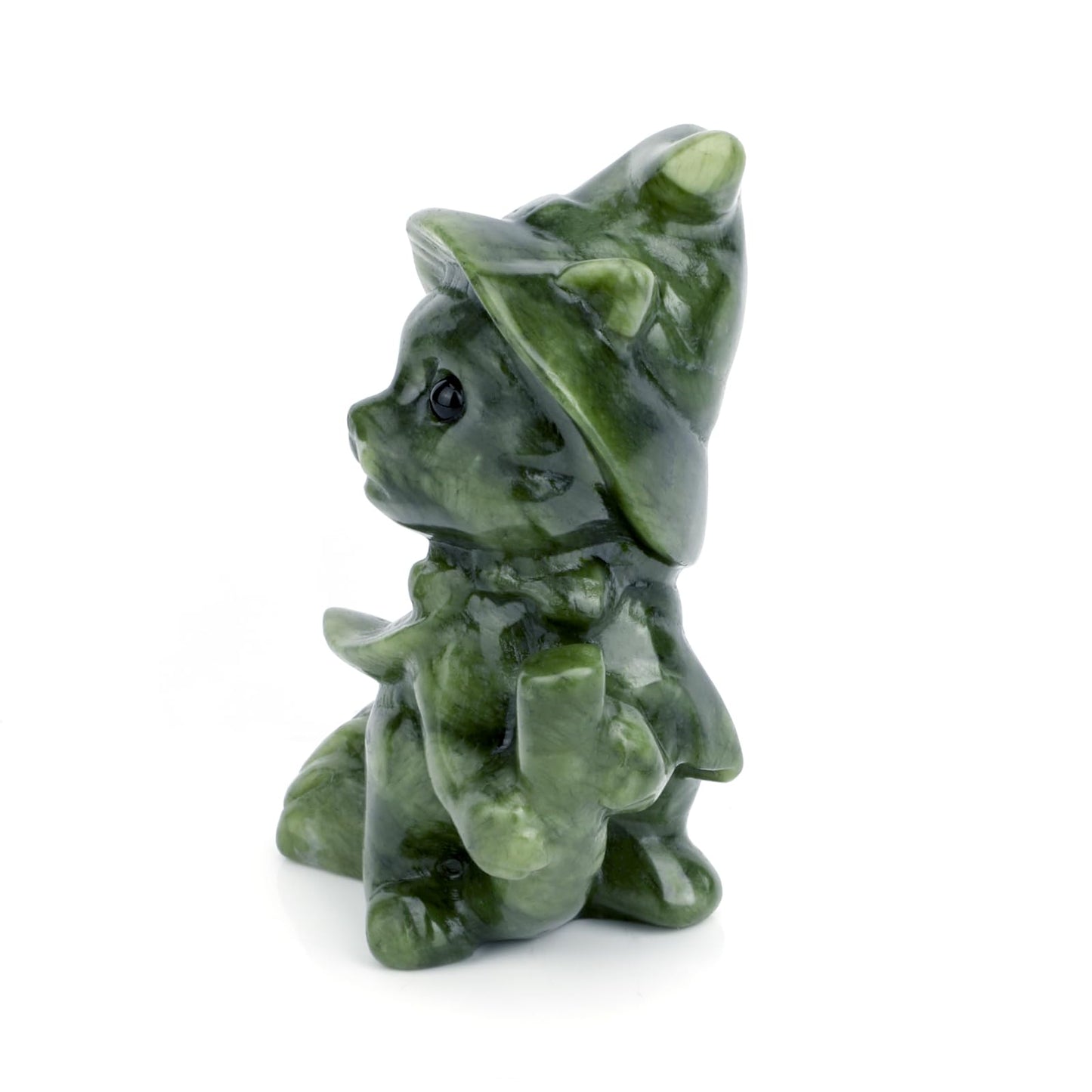 gemshan Green Natural Jade Witch Kitten Hand Carved Art Animal Figurine for Home Office Decoration with Luck
