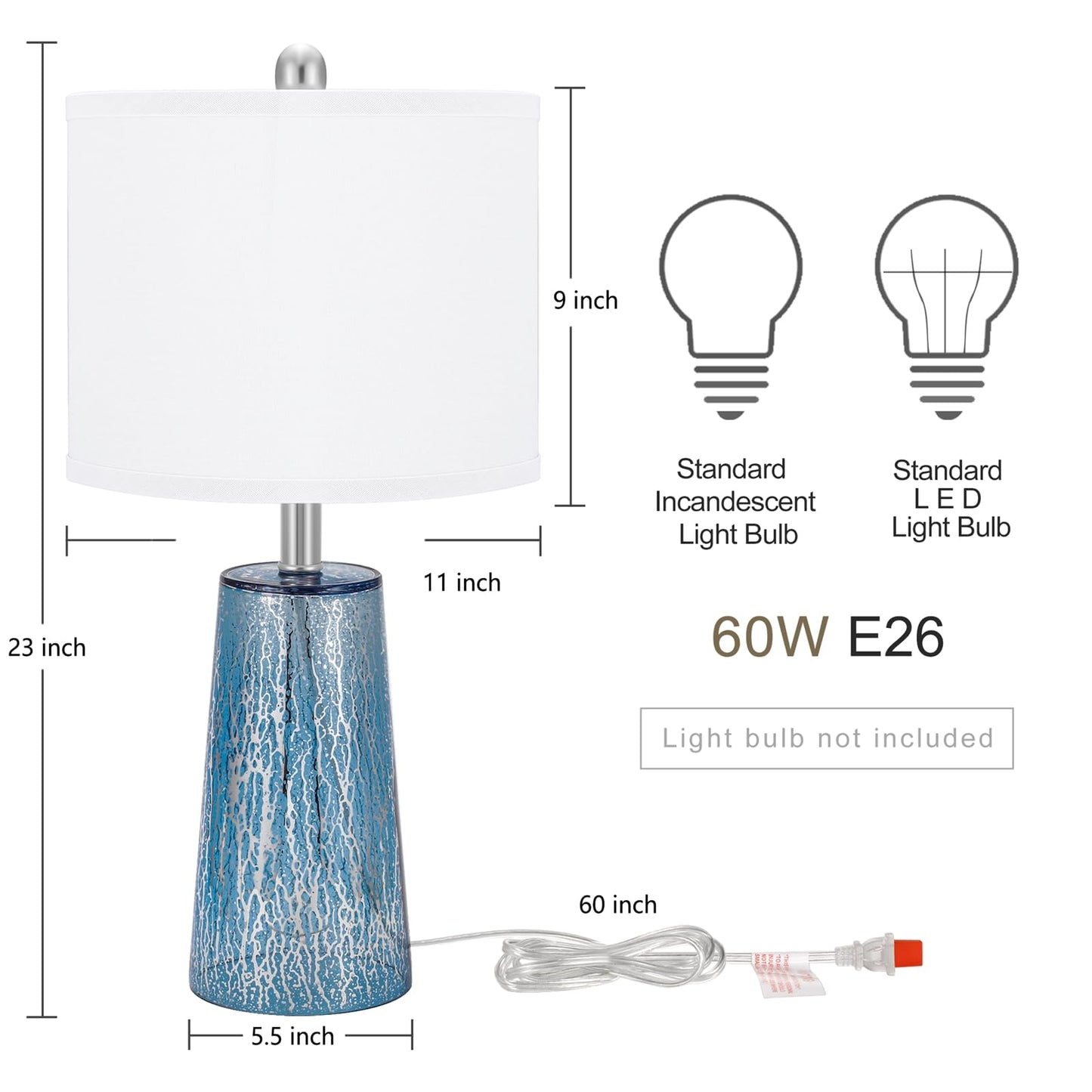 TPAMSWO Modern Coastal Table Lamps 23” High Blue Silver Hand-Applied Mercury Tapered Column Glass Bedside Lamps, for Bedroom Living Room Home Nightstand Table Lamp (Pattern May Vary Slightly)