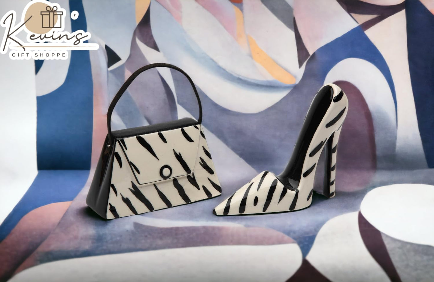 Cosmos Gifts 62807 Fine Ceramic Black and White Zebra Prints Silhouette High Heel Shoe and Purse Salt and Pepper Shakers, 3-1/2" L