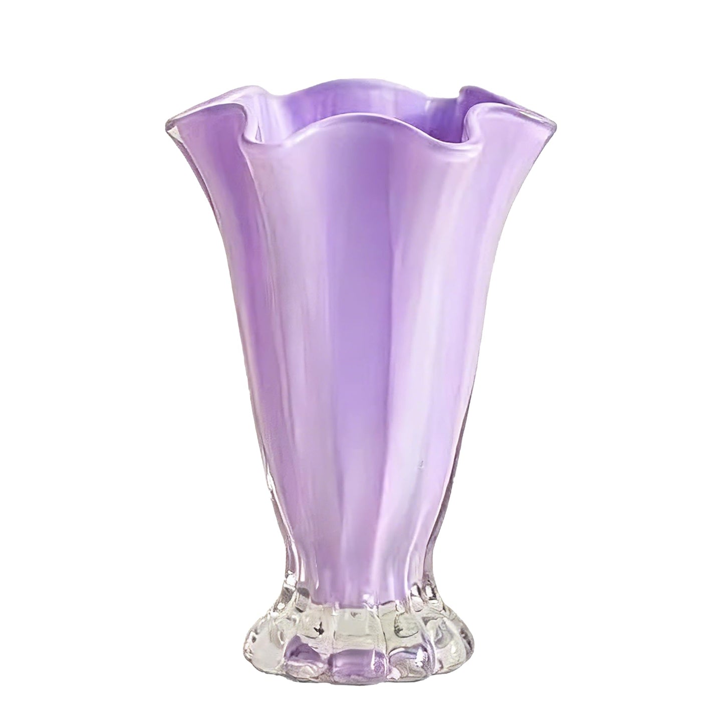 Ruffled Vase Display with Wavy Rim, Hand Blown Glass Vase for Flowers, Blown Glass Decor Centerpiece with Ribbed Panels for Tabletop Shelf Mantel Home Decor (Purple)