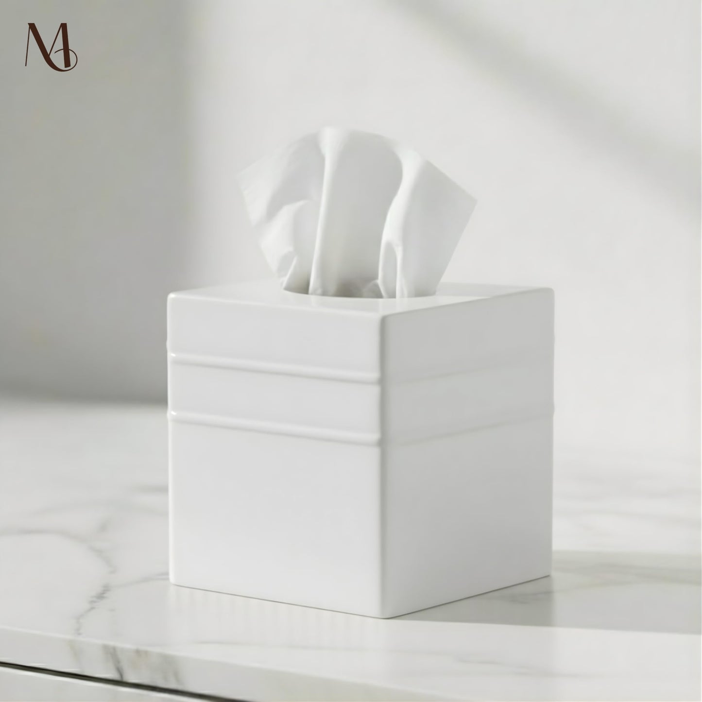 Monarch Abode Tissue Box Cover Square – Handcrafted Border Embossed White Metal Tissue Holder Box for Bathroom Accessory, Aesthetic Decorative Facial Napkin Cube for Modern Home Decor
