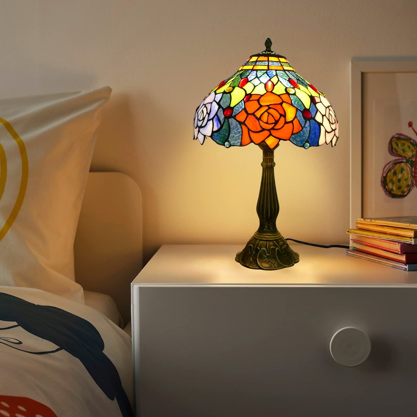 Tiffany Table Lamp Stained Glass Peony Flower Style Table Light, 12" Wide 19" Tall Handmade Bedside Table Night Lamp, Antique Art Craft Gifts for Living Room Bedroom Study Bookcase Desk Light
