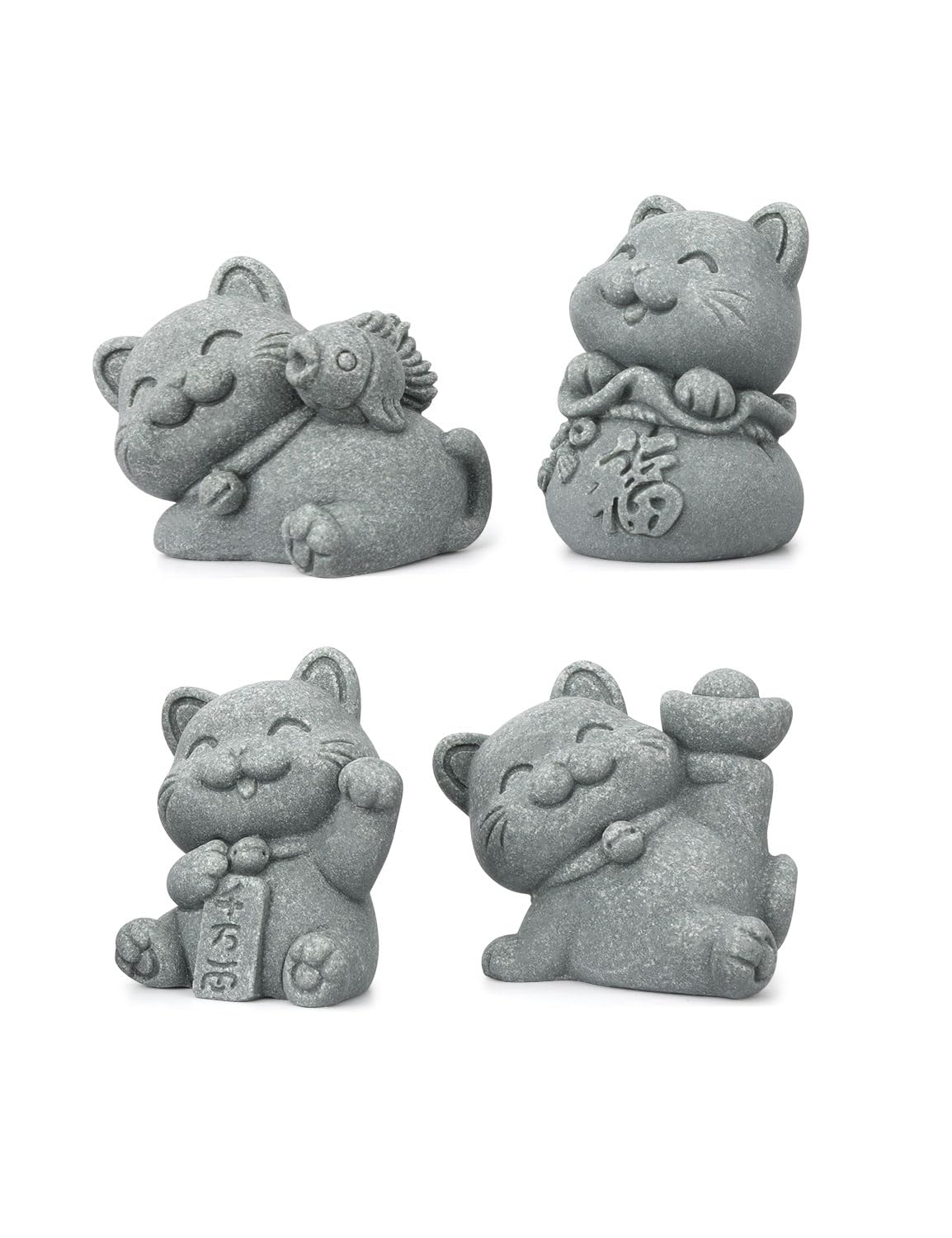 BEIZHAN 4 Piece Cute Lucky Cat Statue Set, Sandstone Feng Shui Fortune Figurines, Wealth & Good Luck Desk/Garden Decor for Home Office