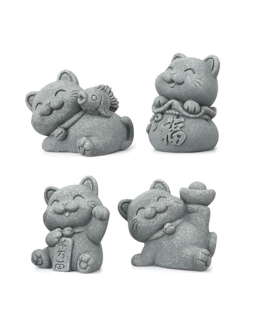 BEIZHAN 4 Piece Cute Lucky Cat Statue Set, Sandstone Feng Shui Fortune Figurines, Wealth & Good Luck Desk/Garden Decor for Home Office