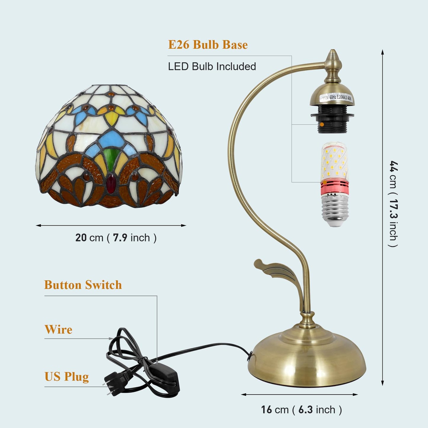 VirtueKing Tiffany Lamp Stained Glass Table Lamp Beige Baroque Style Desk Light with Metal Leaf Iron Base 8" Wide 17" Tall for Small Space Bedroom Home Office Decor
