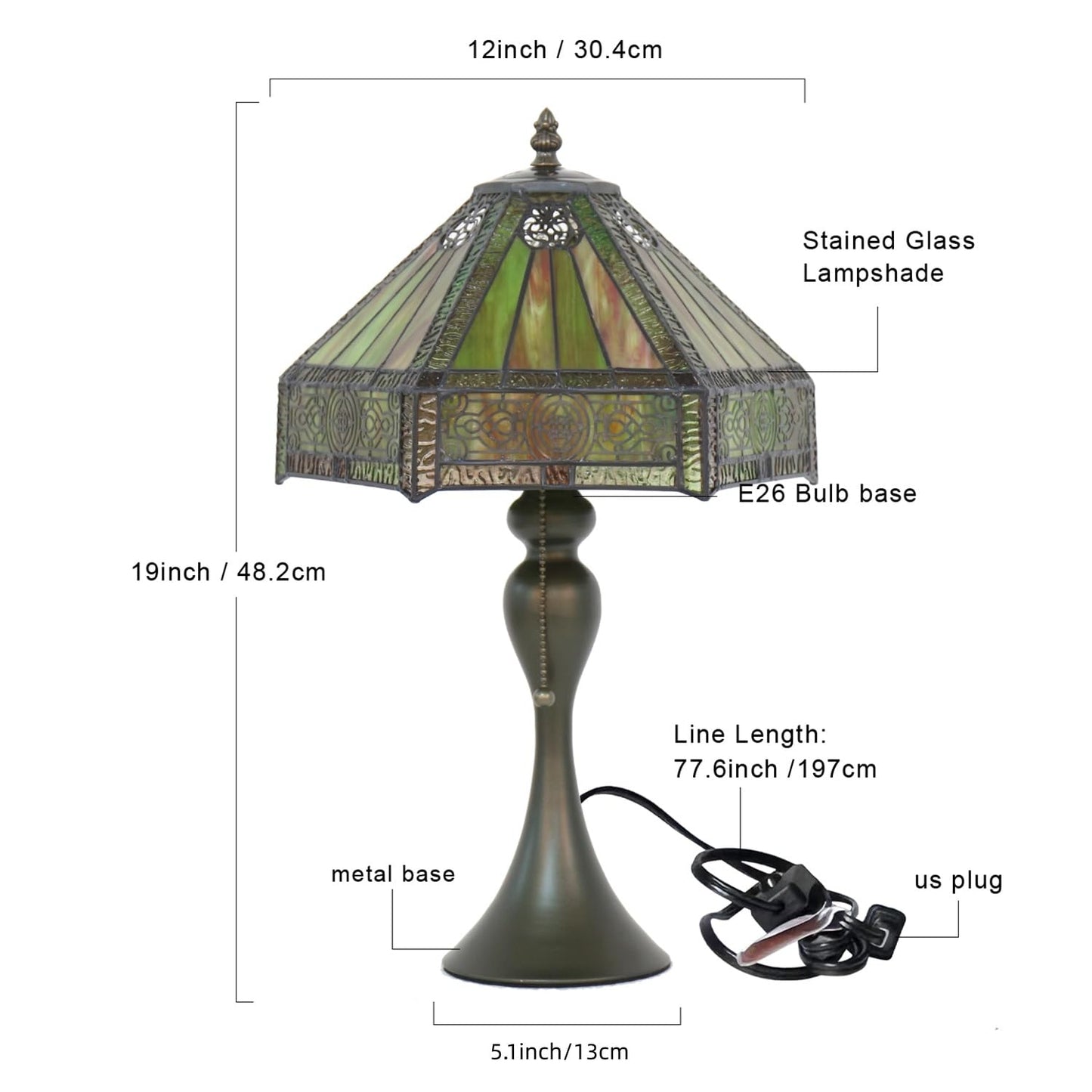 TFNALNB Tiffany Style Table Lamp, Stained Glass Lamp, 12x12x19 Inch, Vintage Metal Base Desk Light,（Amber）