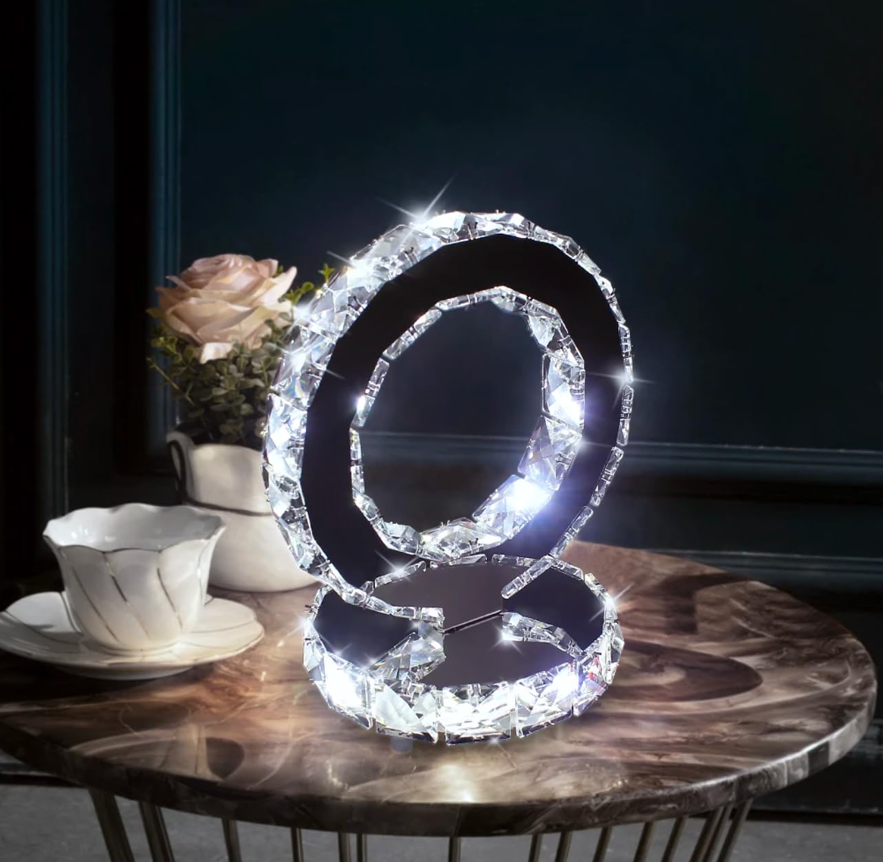 Vase Branch Glass Crystal Ring Design, Crystal LED Table Lamp, White Light