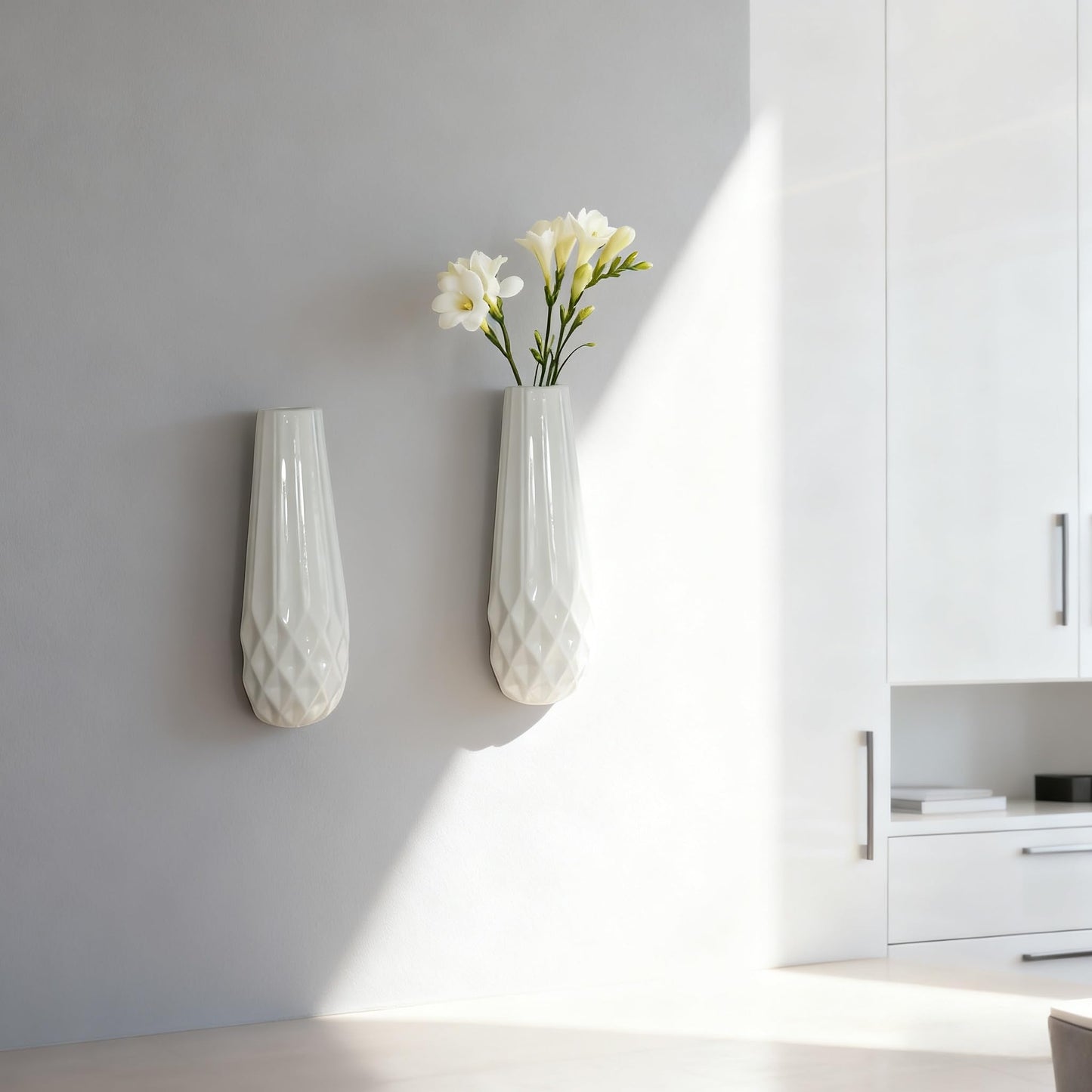 DOCFLVAS Wall Ceramic Vase — 2 Pack Textured Matte White Hanging Vase | Modern Minimalist Ceramic Wall-Mounted Vase for Single Stems & Dried Flowers