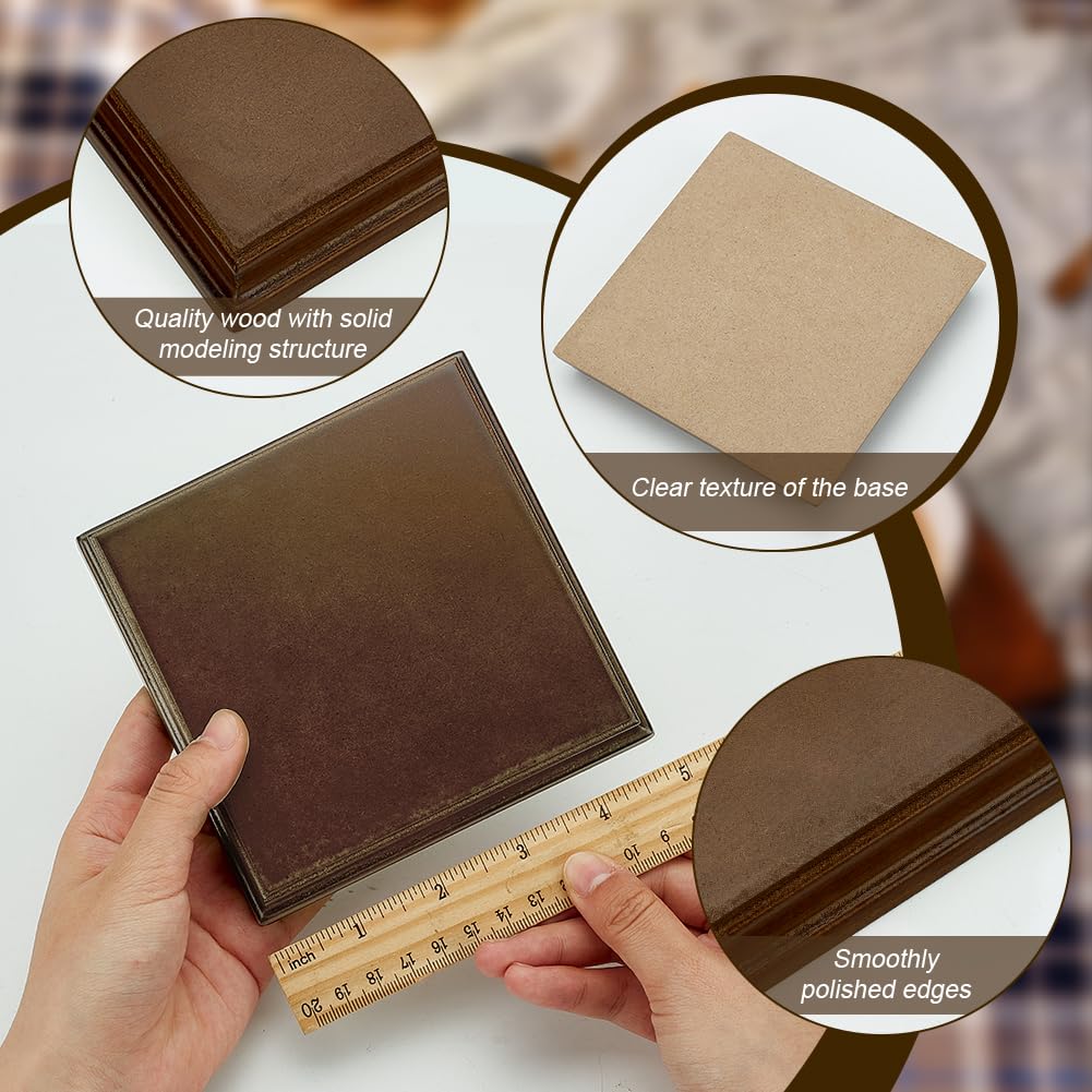 FINGERINSPIRE Coconut Brown Square Wood Stand Base 4.96x4.96x0.7 MDF Wood Base with Ogee Edge Wood Display Base for Gemstone and Jewellery Decor for Vase Sculpture Collectibles Display
