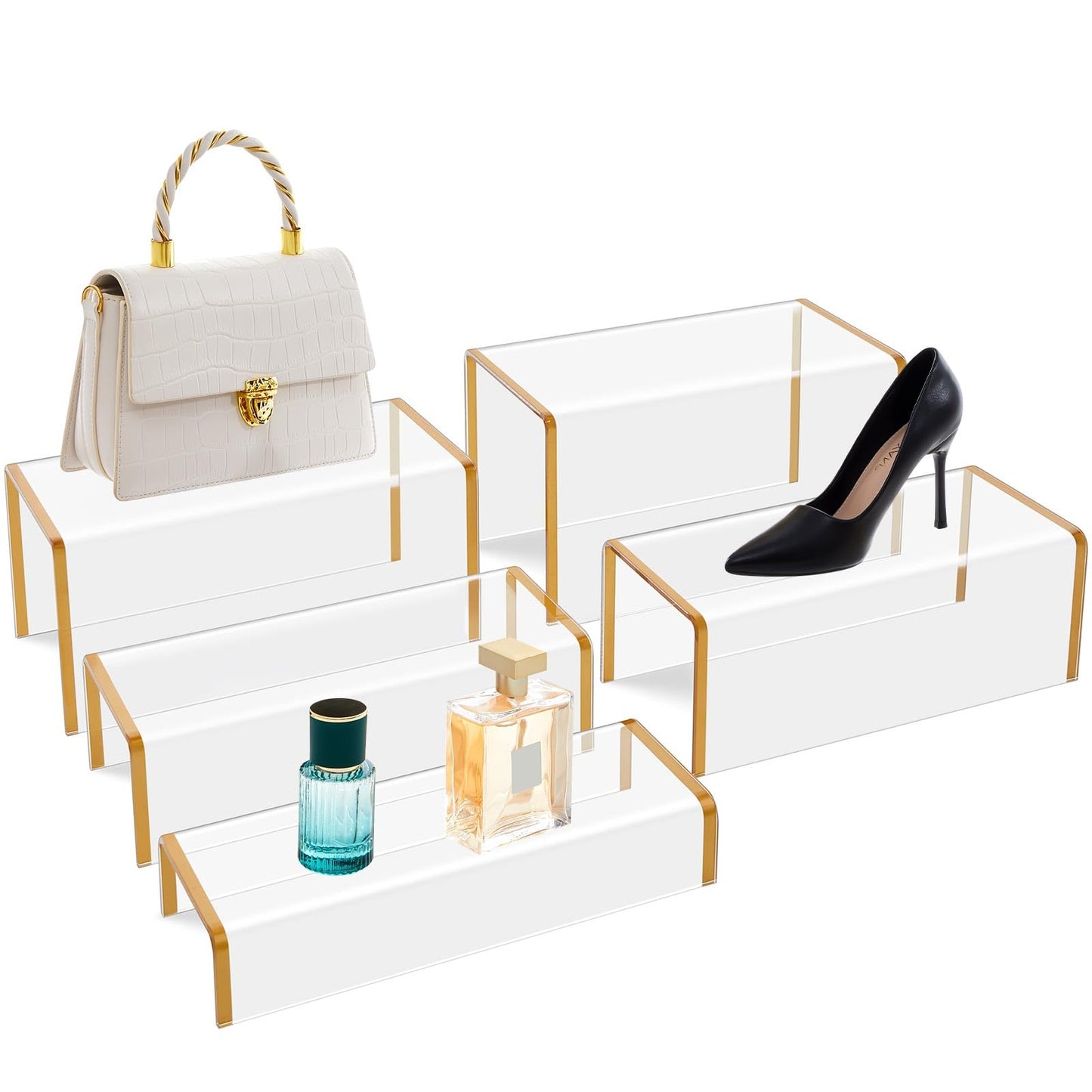 RattanView 5 Pack Clear Acrylic Purses Display Stands, 11" L 5mm Thick Luxury Purse, Handbag, Jewelry & Perfume Risers, Gold Luxury Shoe Display Riser for Closet, Boutique, Vendor Events (5 Tier)