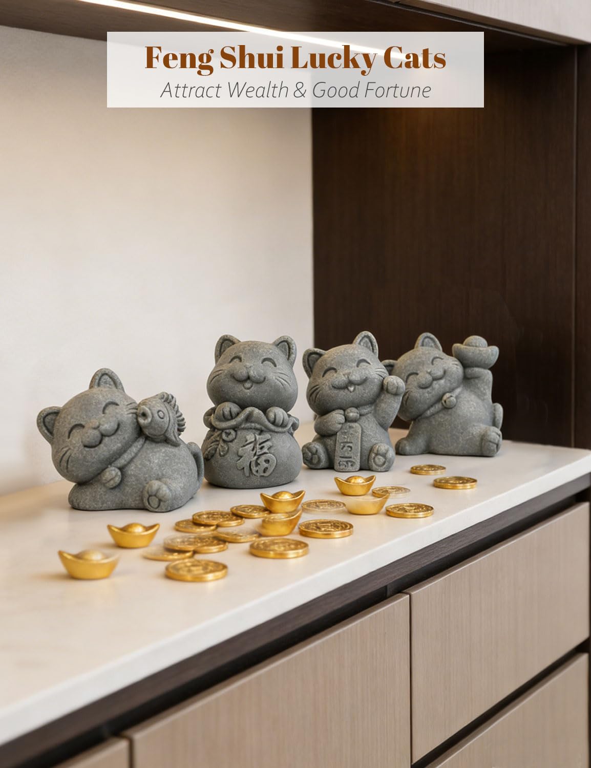 BEIZHAN 4 Piece Cute Lucky Cat Statue Set, Sandstone Feng Shui Fortune Figurines, Wealth & Good Luck Desk/Garden Decor for Home Office