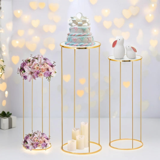 Kapaga 3pcs Gold Metal Plant Stand, Cylinder Pedestal Stands for Party, Metal Plant Columns Pedestal Stands for Display, Round Cylinder Columns tables for Weddings Cake Stand Floor Plant Tables